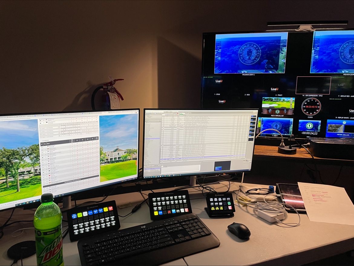Graphics operator position with leaderboard data and multiview monitors for a Golf Channel broadcast