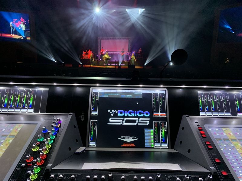 Front of house mixing console at a concert with the band on stage