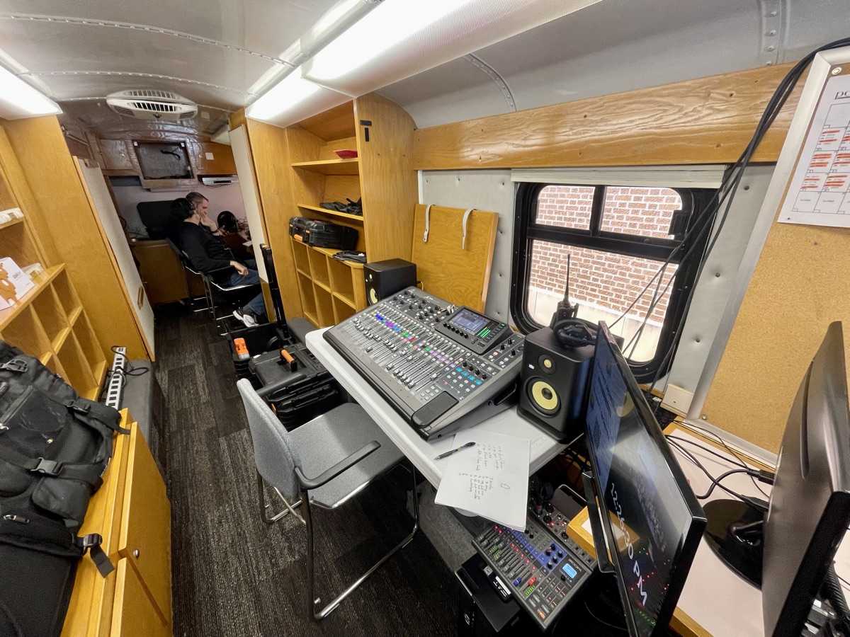 Audio console and monitors inside a mobile production vehicle